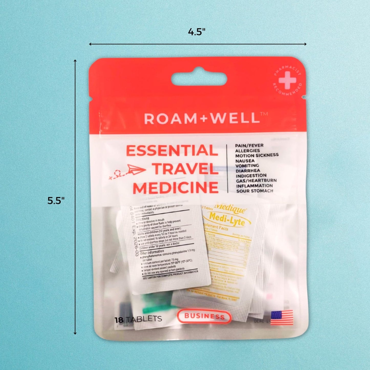 Roamwell Essential Travel Medicine Kit, OTC Travel Medication, TSA Approved (Business | 18 Tablets) - Maple Wellness Supplements