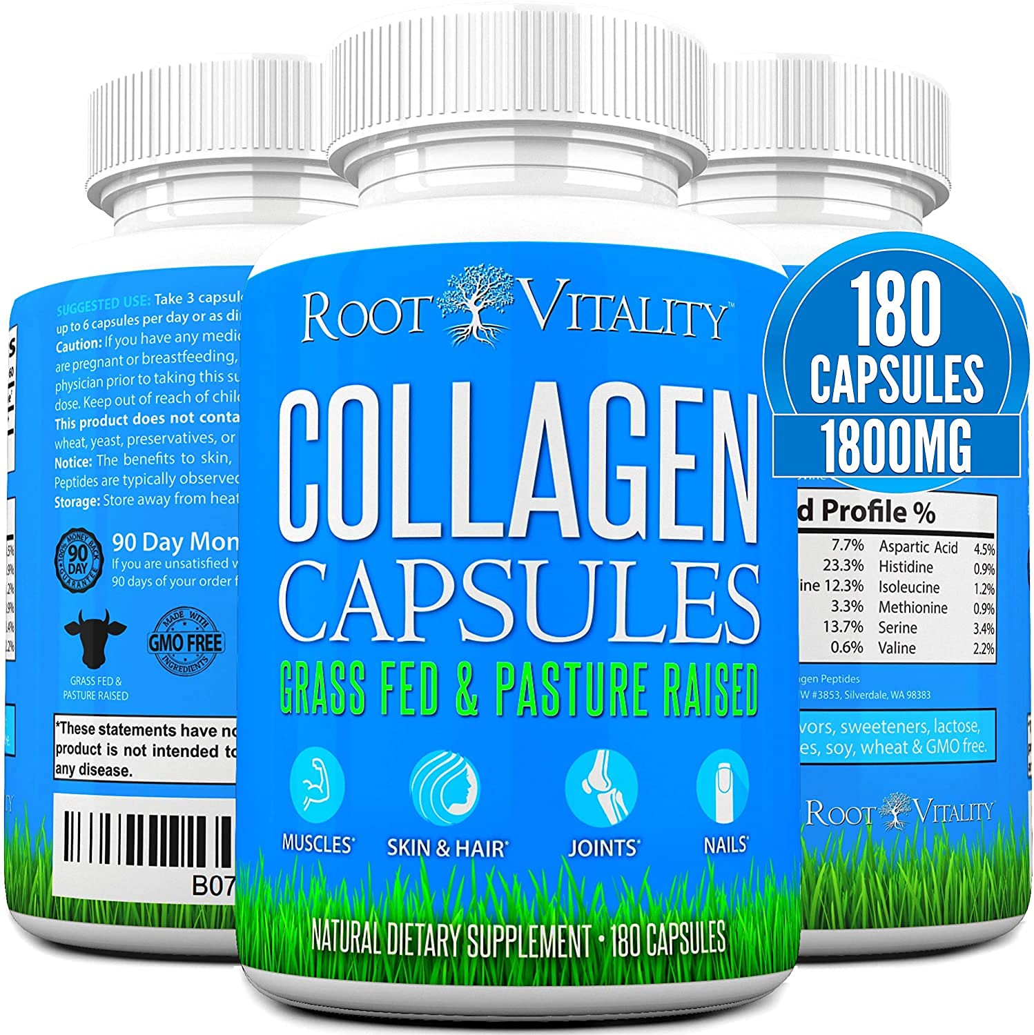Root Vitality Collagen Peptides Capsules - Grass-Fed, Pasture-Raised Hydrolyzed Protein Supplement for Skin, Hair, & Nails - Non-GMO, Zero Sugar Daily Pills for Men & Women (180 Capsules) - Maple Wellness Supplements
