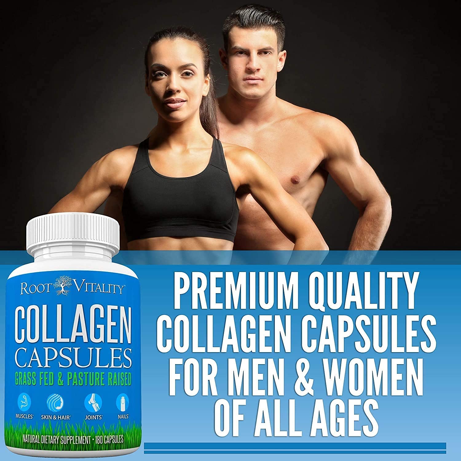 Root Vitality Collagen Peptides Capsules - Grass-Fed, Pasture-Raised Hydrolyzed Protein Supplement for Skin, Hair, & Nails - Non-GMO, Zero Sugar Daily Pills for Men & Women (180 Capsules) - Maple Wellness Supplements