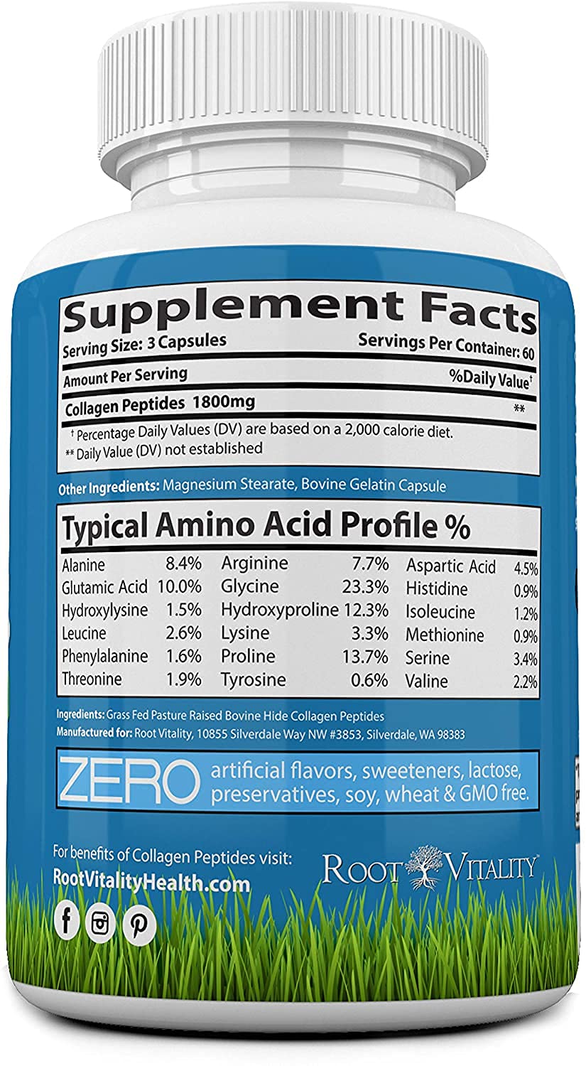 Root Vitality Collagen Peptides Capsules - Grass-Fed, Pasture-Raised Hydrolyzed Protein Supplement for Skin, Hair, & Nails - Non-GMO, Zero Sugar Daily Pills for Men & Women (180 Capsules) - Maple Wellness Supplements