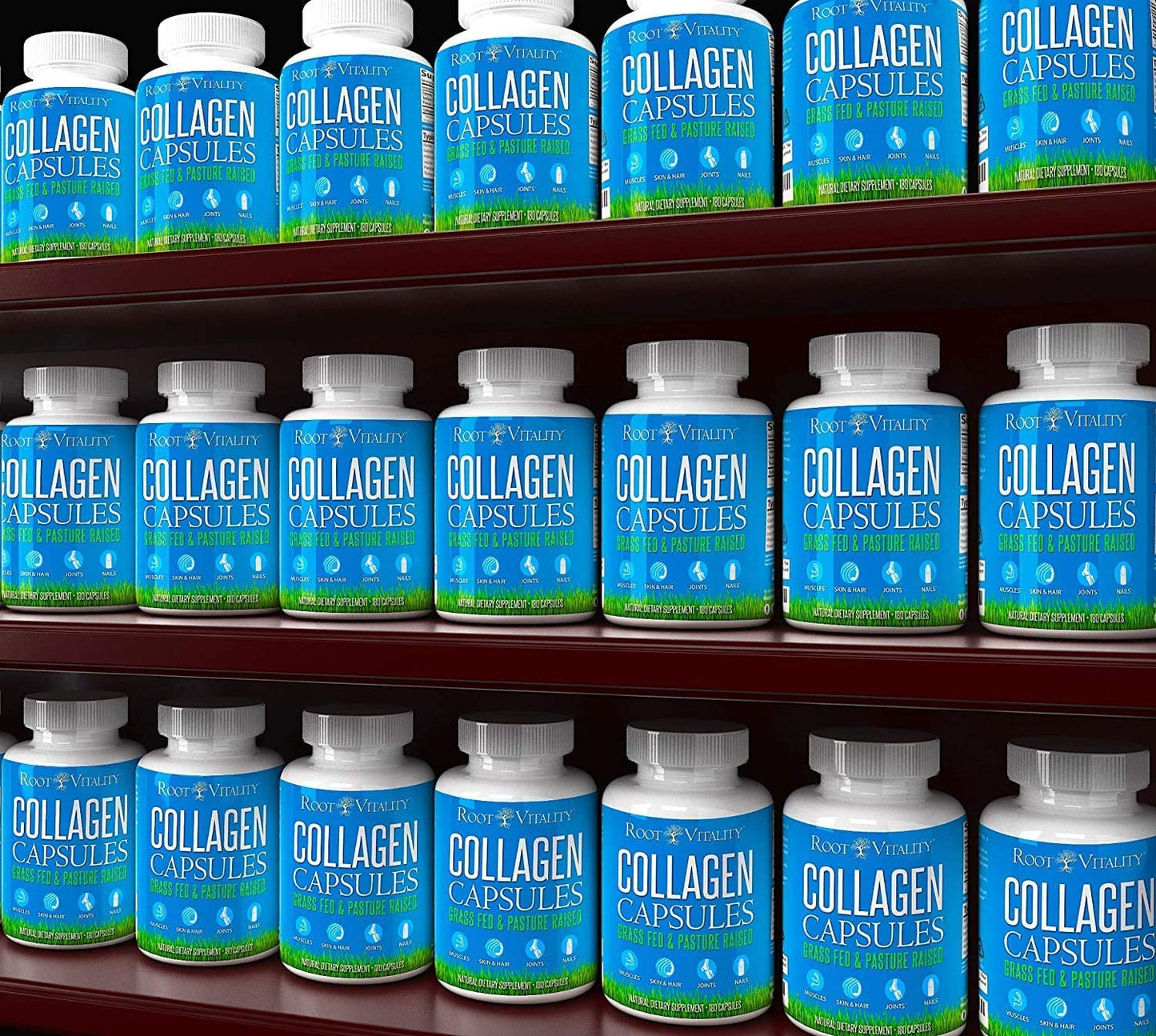 Root Vitality Collagen Peptides Capsules - Grass-Fed, Pasture-Raised Hydrolyzed Protein Supplement for Skin, Hair, & Nails - Non-GMO, Zero Sugar Daily Pills for Men & Women (180 Capsules) - Maple Wellness Supplements