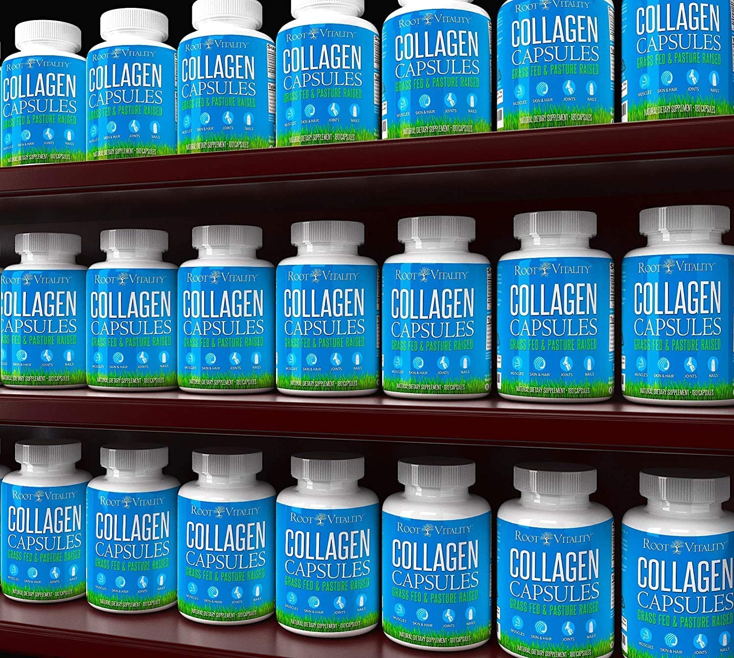 Root Vitality Collagen Peptides Capsules - Grass-Fed, Pasture-Raised Hydrolyzed Protein Supplement for Skin, Hair, & Nails - Non-GMO, Zero Sugar Daily Pills for Men & Women (180 Capsules) - Maple Wellness Supplements