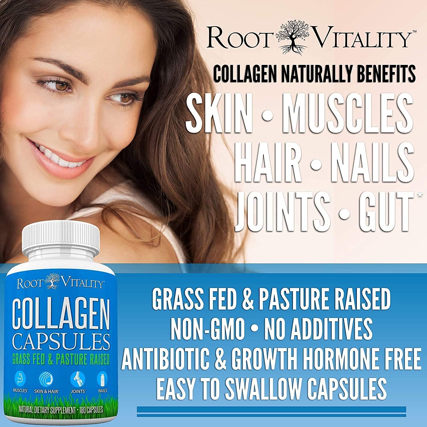 Root Vitality Collagen Peptides Capsules - Grass-Fed, Pasture-Raised Hydrolyzed Protein Supplement for Skin, Hair, & Nails - Non-GMO, Zero Sugar Daily Pills for Men & Women (180 Capsules) - Maple Wellness Supplements