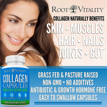 Root Vitality Collagen Peptides Capsules - Grass-Fed, Pasture-Raised Hydrolyzed Protein Supplement for Skin, Hair, & Nails - Non-GMO, Zero Sugar Daily Pills for Men & Women (180 Capsules) - Maple Wellness Supplements