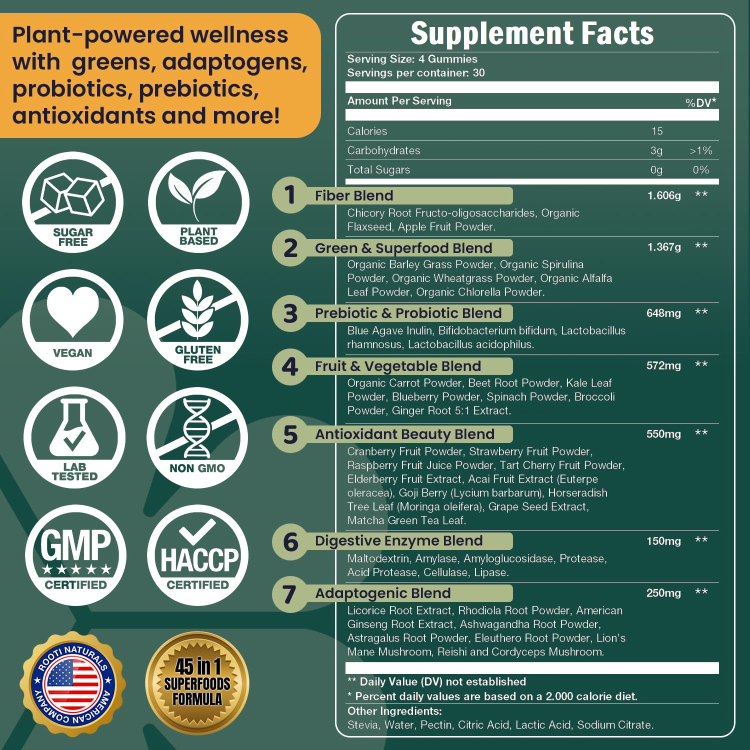ROOTI Greens + Superfoods Gummies for Adults – 7-in-1 Whole Food Supplement, Spirulina, Lion’s Mane, Probiotics, Fiber & Digestive Enzymes Vegan, Sugar-Free, - Maple Wellness Supplements