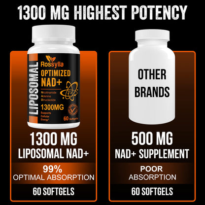 Rossylla 1300 MG Liposomal NAD+ Supplement | Highest Absorption | Purest NAD Supplemet to Boost NAD+ Effetively | Boosting NAD+ Supplement for Aging Defese, Cellular Energy, Longevity | 120 Count - Maple Wellness Supplements