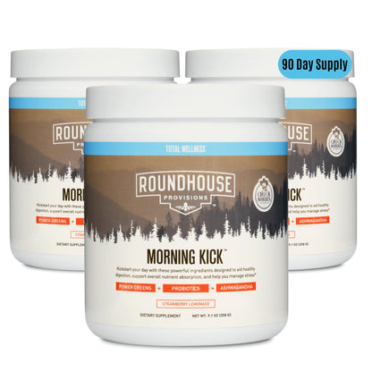 ROUNDHOUSE PROVISION Morning Kick, Greens Superfood Powder Supplement with Ashwagandha, Collagen & Probiotics - Sugar Free, Caffeine Free (3 Pack, Strawberry Lemonade Flavor) by Chuck Norris - Maple Wellness Supplements