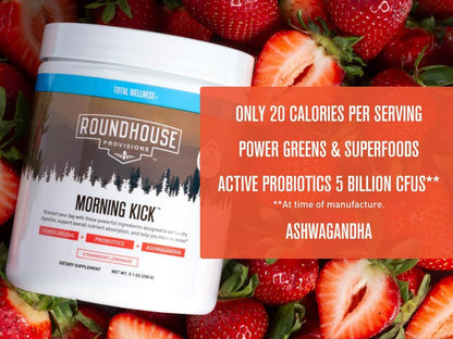 ROUNDHOUSE PROVISION Morning Kick, Zero Sugar Greens Superfood Powder Supplement with Ashwagandha, Collagen, Probiotics, Debloat Drink - Maple Wellness Supplements