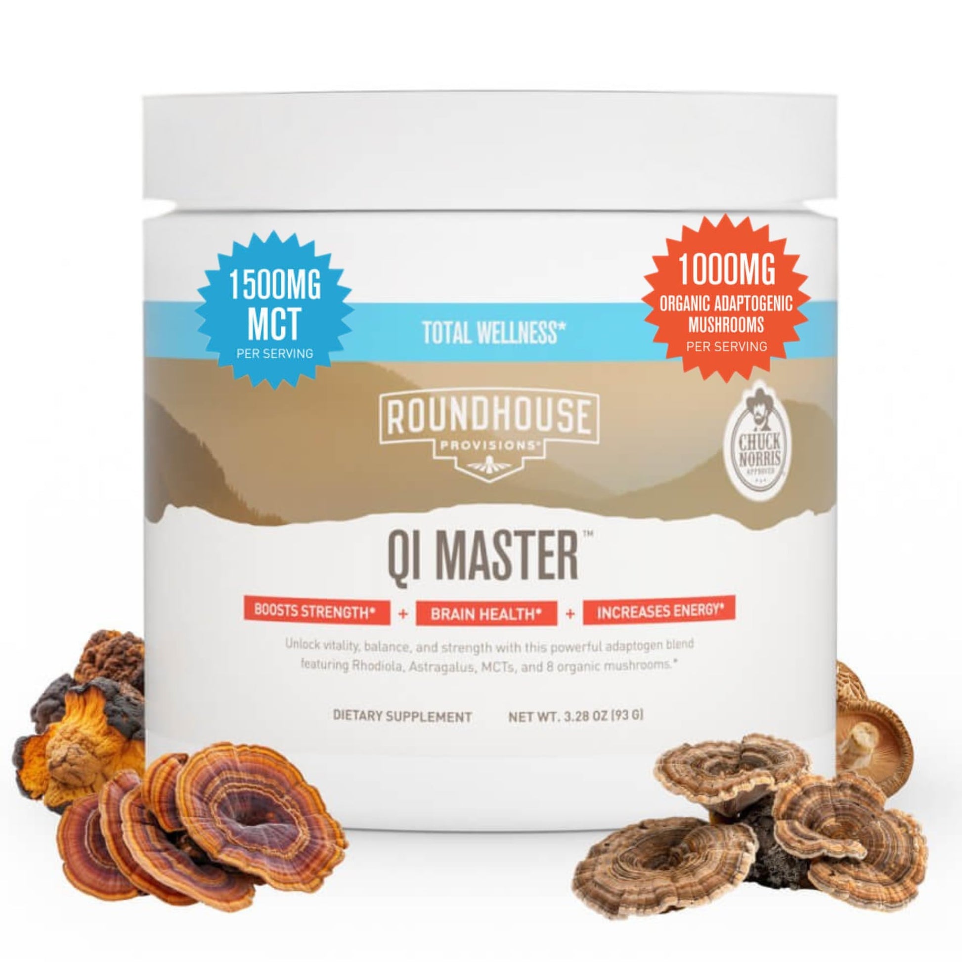 ROUNDHOUSE PROVISION Qi Master Adaptogen Blend, Earthy Mushroom Flavor with Astragalus Root, Rhodiolife Extract, MCT, 8 Organic Mushrooms (30 Scoops) by Chuck Norris - Maple Wellness Supplements