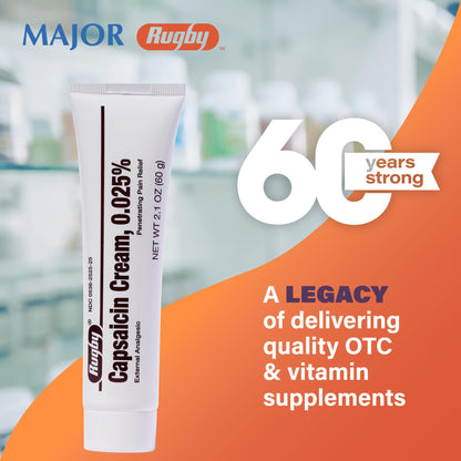 Rugby Capsaicin 0.025% Cream for Penetrating Pain Relief - 2.1 Oz (60g) (6 Pack) - Maple Wellness Supplements
