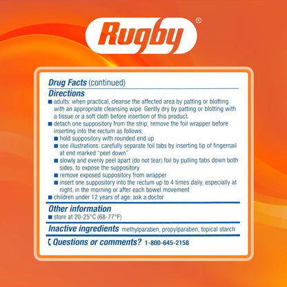 Rugby Hemorrhoidal Suppositories - Soothing and Shrinking Action for Internal Hemorrhoids with Cocoa Butter and Phenylephrine HCl, Easy Open Design - 12 Count - Maple Wellness Supplements