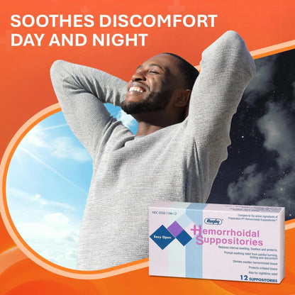 Rugby Hemorrhoidal Suppositories - Soothing and Shrinking Action for Internal Hemorrhoids with Cocoa Butter and Phenylephrine HCl, Easy Open Design - 12 Count - Maple Wellness Supplements