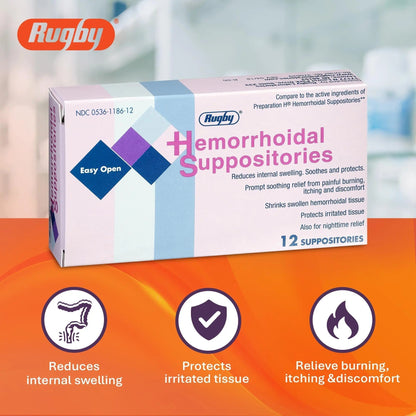 Rugby Hemorrhoidal Suppositories - Soothing and Shrinking Action for Internal Hemorrhoids with Cocoa Butter and Phenylephrine HCl, Easy Open Design - 12 Count - Maple Wellness Supplements
