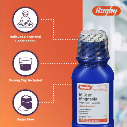 Rugby Milk of Magnesia Magnesium Hydroxide Saline Laxative – Stimulant, Cramp & Sugar-Free - Original Flavor – 12 Fl Oz - Maple Wellness Supplements