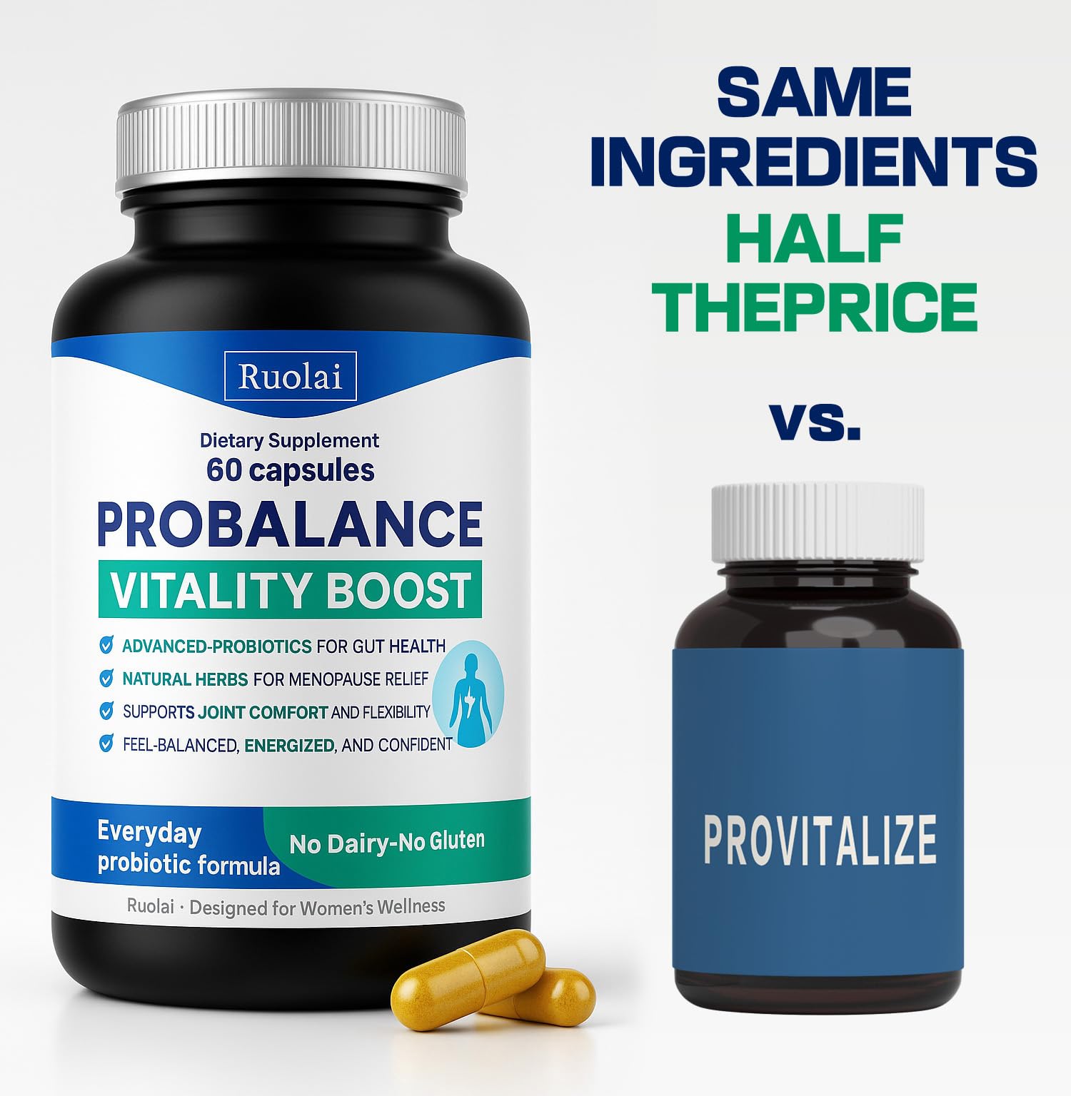 Ruolai ProBalance Probiotics for Women 68B CFU – Menopause, Bloat & Belly Support – Turmeric & Moringa - Maple Wellness Supplements