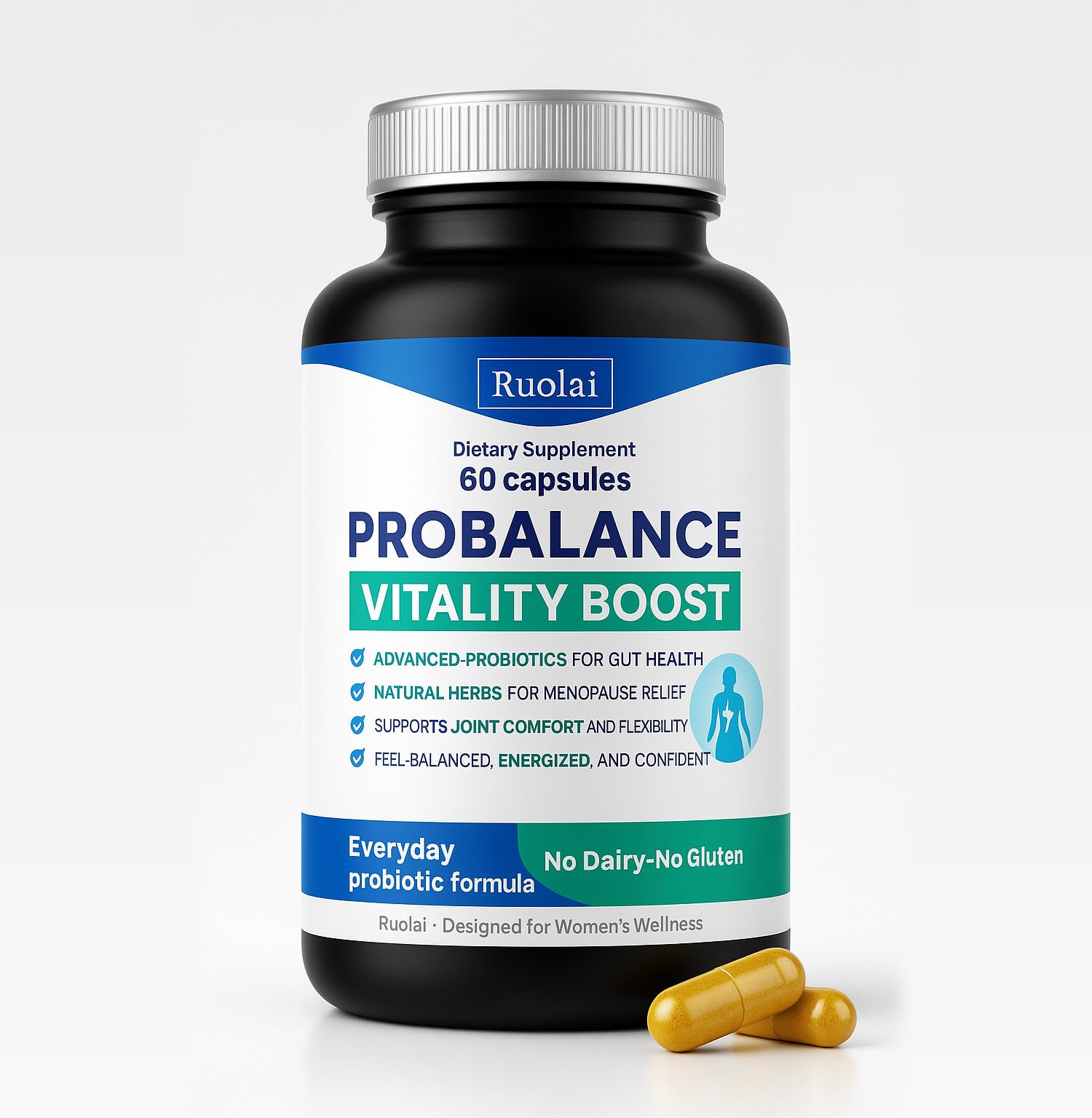 Ruolai ProBalance Probiotics for Women 68B CFU – Menopause, Bloat & Belly Support – Turmeric & Moringa - Maple Wellness Supplements