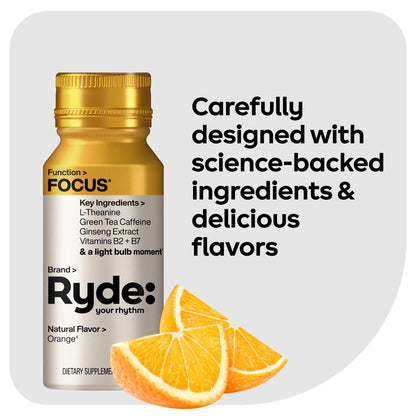 Ryde: Focus Shot | Orange Flavor | L-Theanine & Ginseng | Green Tea Caffeine | Vitamins B2 & B7 | 0 Calories, 0 Sugar | 2 FL OZ Shots | Supports Focus* (8 Pack) - Maple Wellness Supplements