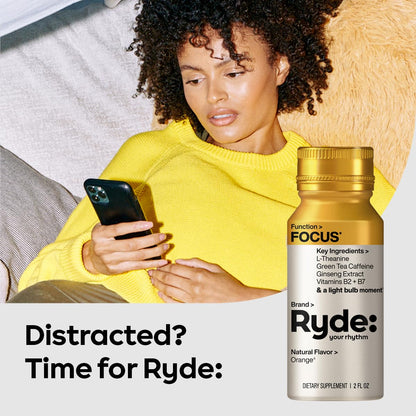 Ryde: Focus Shot | Orange Flavor | L-Theanine & Ginseng | Green Tea Caffeine | Vitamins B2 & B7 | 0 Calories, 0 Sugar | 2 FL OZ Shots | Supports Focus* (8 Pack) - Maple Wellness Supplements