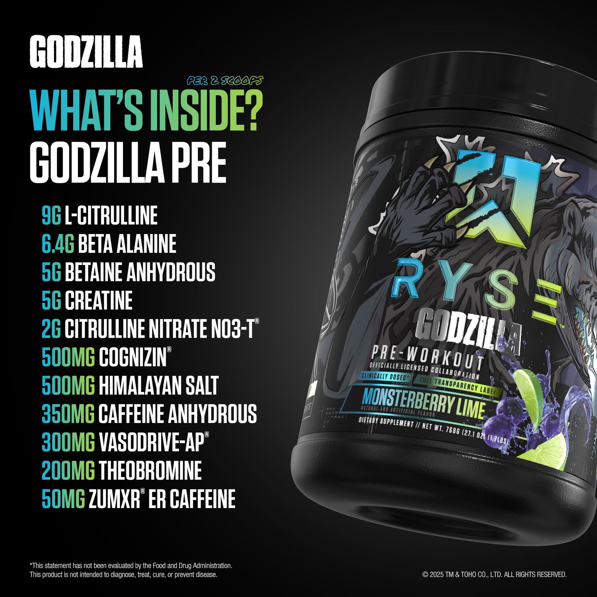 RYSE Godzilla X Noel Deyzel Pre Workout Powder - Monsterberry Lime - 400mg Caffeine, High Stim Pre-Workout for Men & Women with Citrulline & Beta Alanine - Energy, Pump & Focus - 20/40 Servings - Maple Wellness Supplements