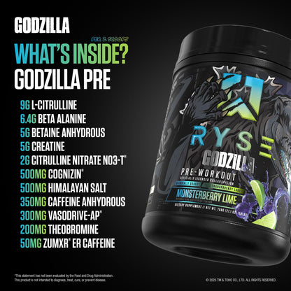 RYSE Godzilla X Noel Deyzel Pre Workout Powder - Monsterberry Lime - 400mg Caffeine, High Stim Pre-Workout for Men & Women with Citrulline & Beta Alanine - Energy, Pump & Focus - 20/40 Servings - Maple Wellness Supplements