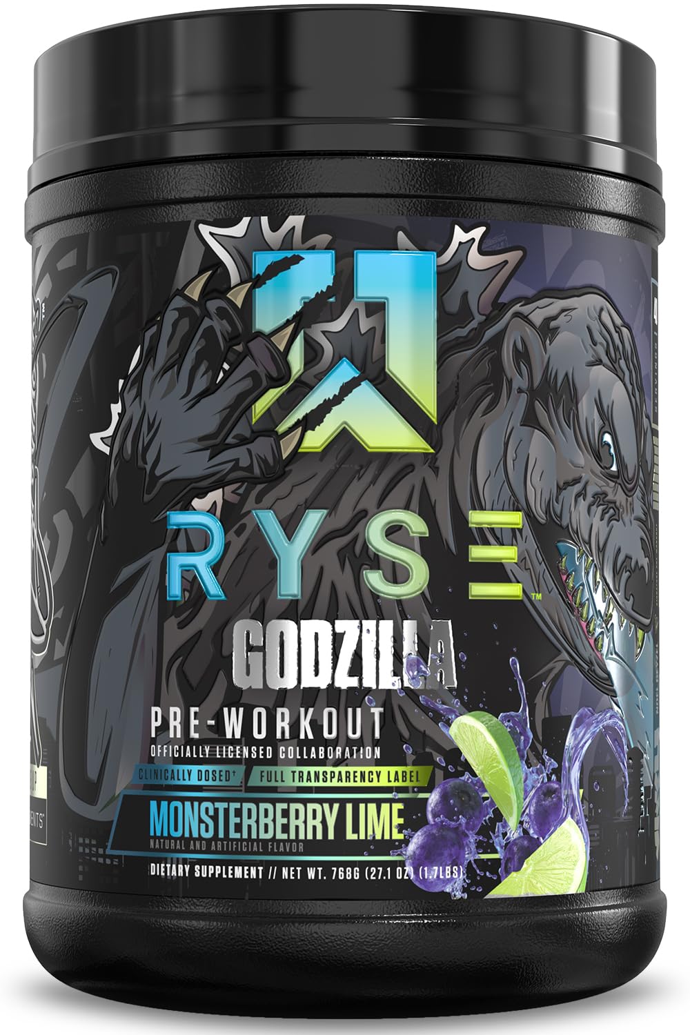 RYSE Godzilla X Noel Deyzel Pre Workout Powder - Monsterberry Lime - 400mg Caffeine, High Stim Pre-Workout for Men & Women with Citrulline & Beta Alanine - Energy, Pump & Focus - 20/40 Servings - Maple Wellness Supplements