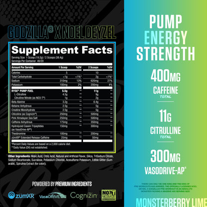 RYSE Godzilla X Noel Deyzel Pre Workout Powder - Monsterberry Lime - 400mg Caffeine, High Stim Pre-Workout for Men & Women with Citrulline & Beta Alanine - Energy, Pump & Focus - 20/40 Servings - Maple Wellness Supplements