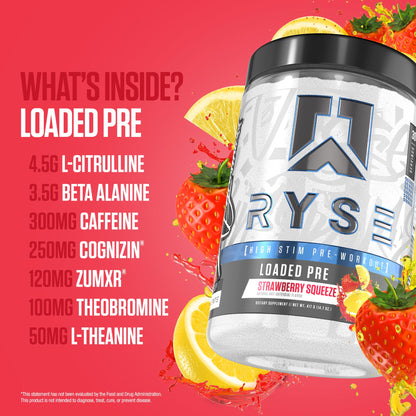 RYSE Loaded Pre Workout Powder - Strawberry Squeeze - Daily Pre-Workout for Men & Women with 390mg Caffeine, Beta Alanine, and Citrulline for Pump - Maple Wellness Supplements