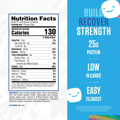 RYSE Loaded Protein Powder - Jet-Puffed Marshmallow - 25g Whey Protein Isolate & Concentrate with Prebiotic Fiber & MCTs - Low Carb, Low Sugar, Digestive-Friendly - 27 Servings / 2 lb Tub - Maple Wellness Supplements