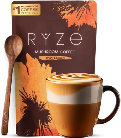 RYZE SUPERFOODS Mushroom Medium Roast Coffee USDA Organic with 6 Adaptogenic Mushrooms, USA Grown Instant Coffee for Better Energy - Maple Wellness Supplements