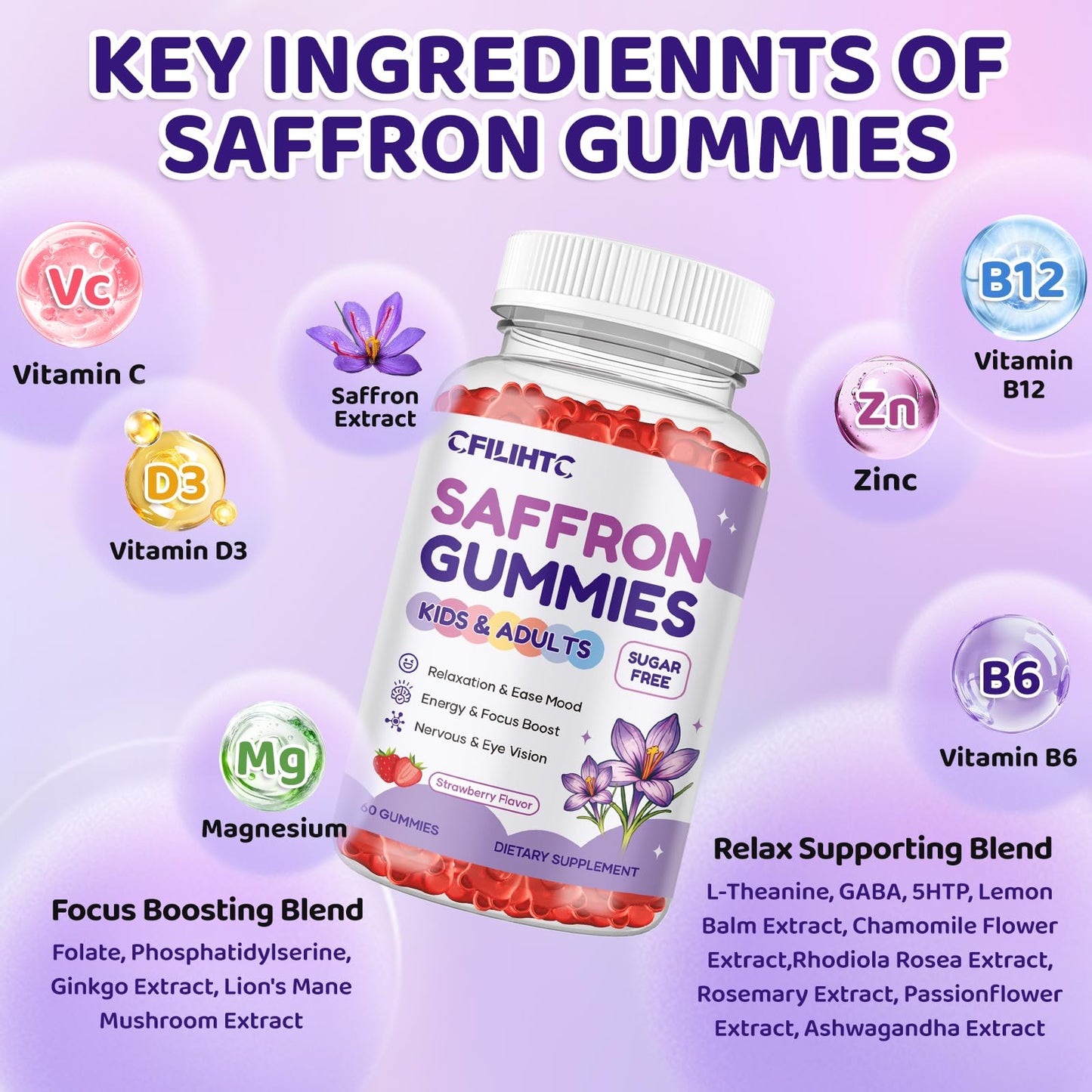 Saffron Gummies for Kids & Adults, 20-in-1 Saffron Supplements with 88.5mg Saffron Extract, B6, B12, C, D3, Magnesium for Calm, Focus, Nerve, Sugar Free, Vegan - Maple Wellness Supplements