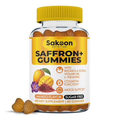 Saffron Gummies for Mood Boost & Stress Relief | Saffron Extract with 150mg Rhodiola Rosea & L-Theanine | Sugar Free Mango Flavor | Focus & Energy Supplement for Women & Men | 60 Count - Maple Wellness Supplements