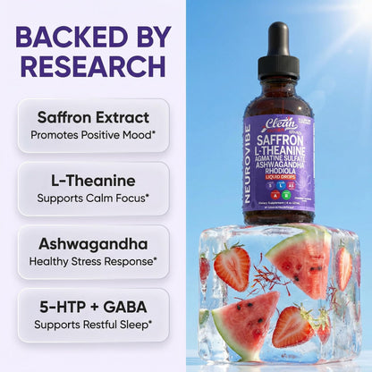 Saffron Supplements Liquid Drops L-Theanine Agmatine Sulfate Ashwagandha Magnesium Glycinate B6 Magnesium Stress Relief Mood Support 5-HTP GABA Supplement Vitamin D 4oz by Clean Nutra - Maple Wellness Supplements