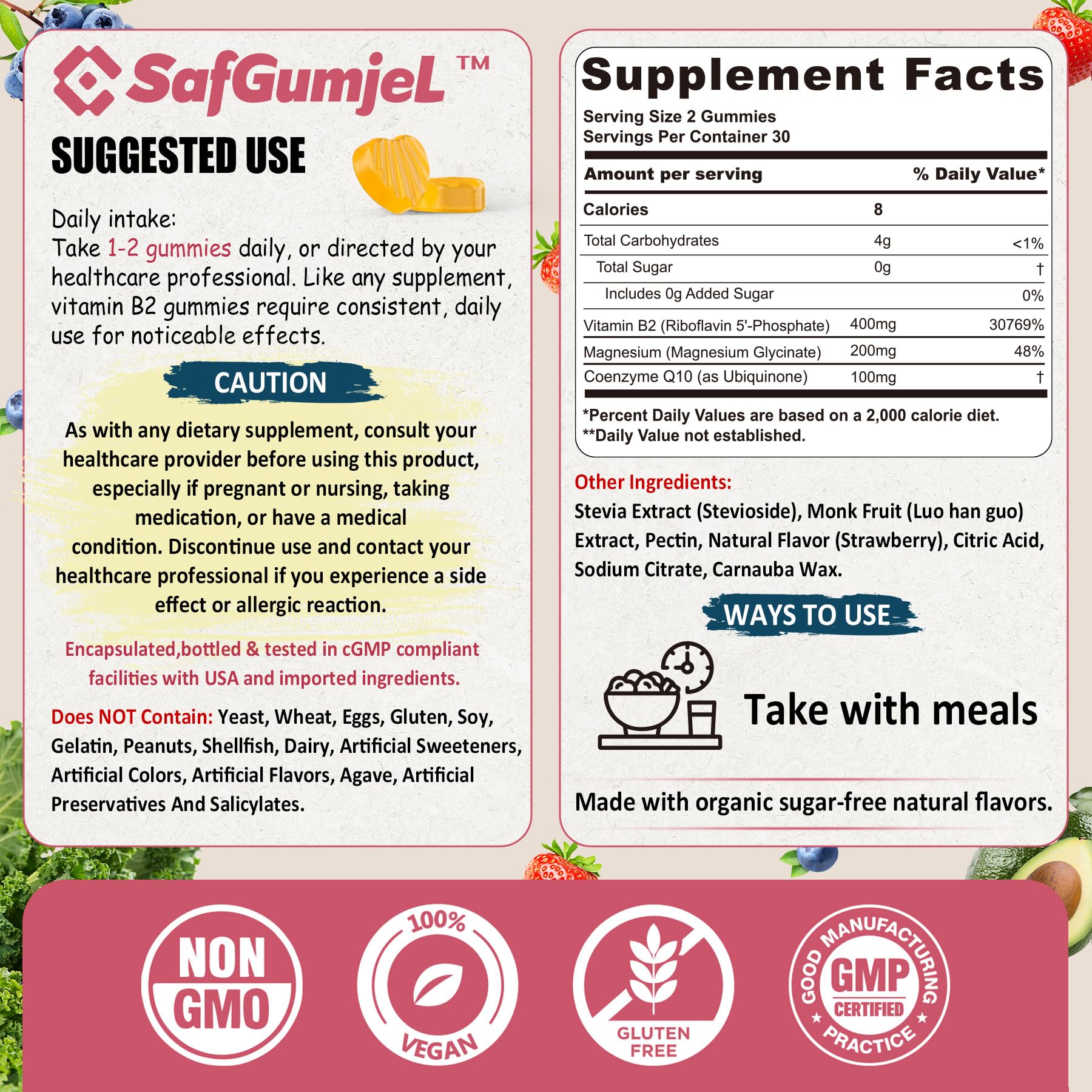 Safgumjel Vitamin B2 Gummies | Riboflavin 400mg with Magnesium & CoQ10 for Migraine Relief & Headache Relief | Sugar Free, Vegan, Strawberry Flavor, 60 Count - Maple Wellness Supplements
