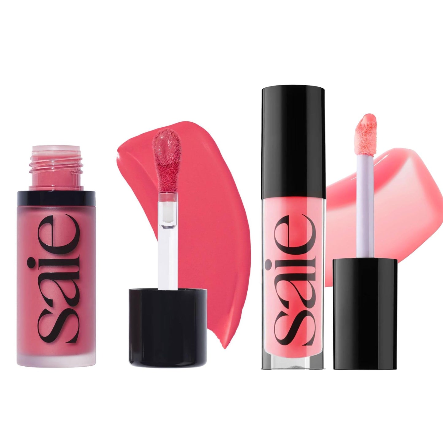 Saie Dewy Glow Duo - Dew Liquid Blush - (.40 oz, Flirty), Glossybounce Lip Gloss-Oil Hybrid (.17 oz, Burst) - Hydrating, Vegan Makeup for Radiant Cheeks & Lips - Maple Wellness Supplements