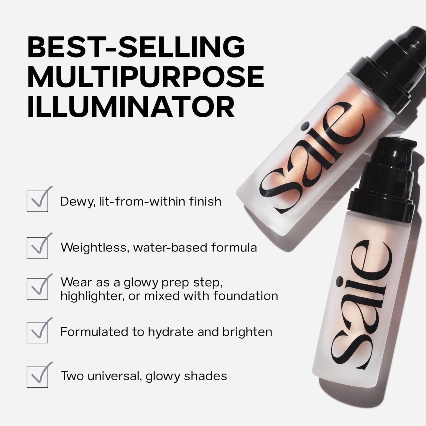 Saie Mini Glowy Super Gel Lightweight llluminator & Makeup Primer - Sunglow (0.5 oz) + Dew Blush - Lightweight Liquid Blush with a Blendable + Buildable Cream Finish - Rosy (.40 oz) - Maple Wellness Supplements