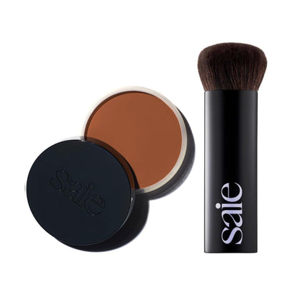 Saie Sun Melt Duo - The Big Brush - Soft, Multi-Use Liquid + Cream Makeup Brush With Synthetic Bristles Bundled With Sun Melt Bronzer in Tan Bronze - Buildable Cream Contour with Velvet Finish (1 oz) - Maple Wellness Supplements