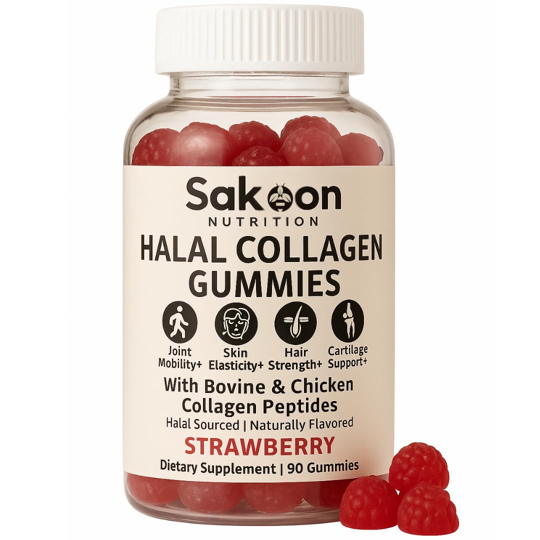 Sakoon nutrition Halal Certified Collagen Peptides Gummies | (Type I, II & III) Collagen Gummies for Women & Men | 90 Naturally Flavoured Strawberry Gummy to Support Hair, Skin, Joints & Nails | USA - Maple Wellness Supplements