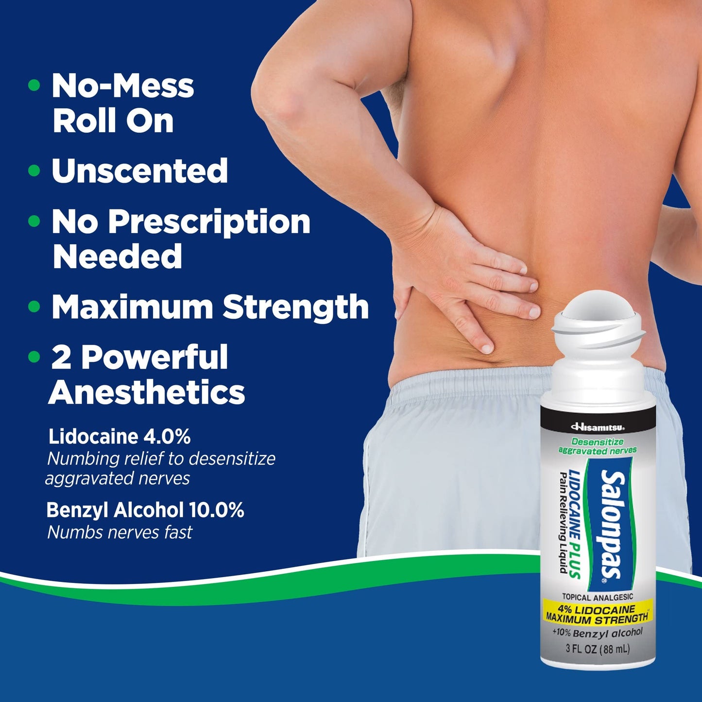 Salonpas LIDOCAINE Plus 3 oz ROLL ON Pain Relieving Liquid! Maximum Strength 4% Lidocaine for Numbing Pain Relief! Mess Free Application! (3 Pack) - Maple Wellness Supplements