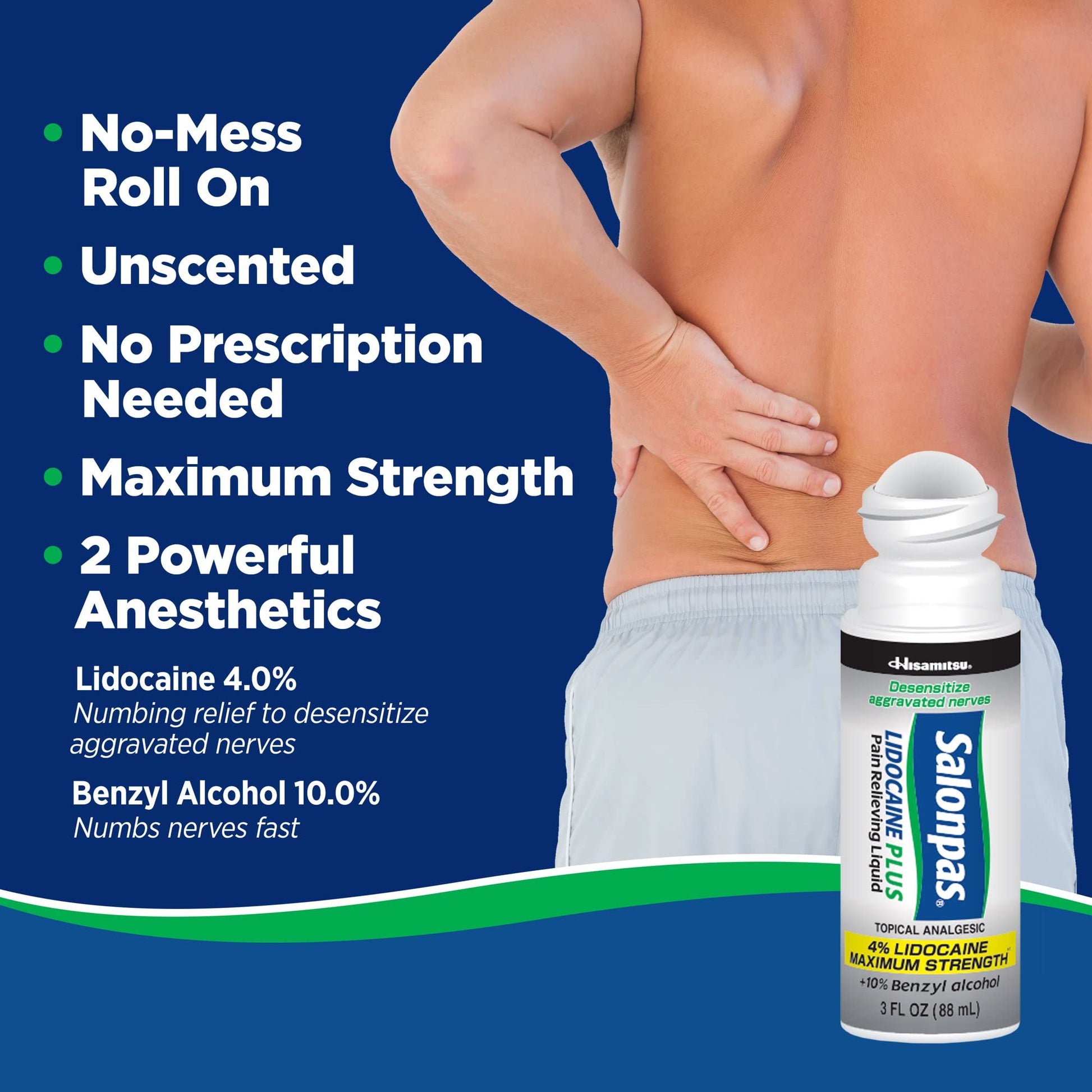 Salonpas LIDOCAINE Plus 3 oz ROLL ON Pain Relieving Liquid! Maximum Strength 4% Lidocaine for Numbing Pain Relief! Mess Free Application! (3 Pack) - Maple Wellness Supplements
