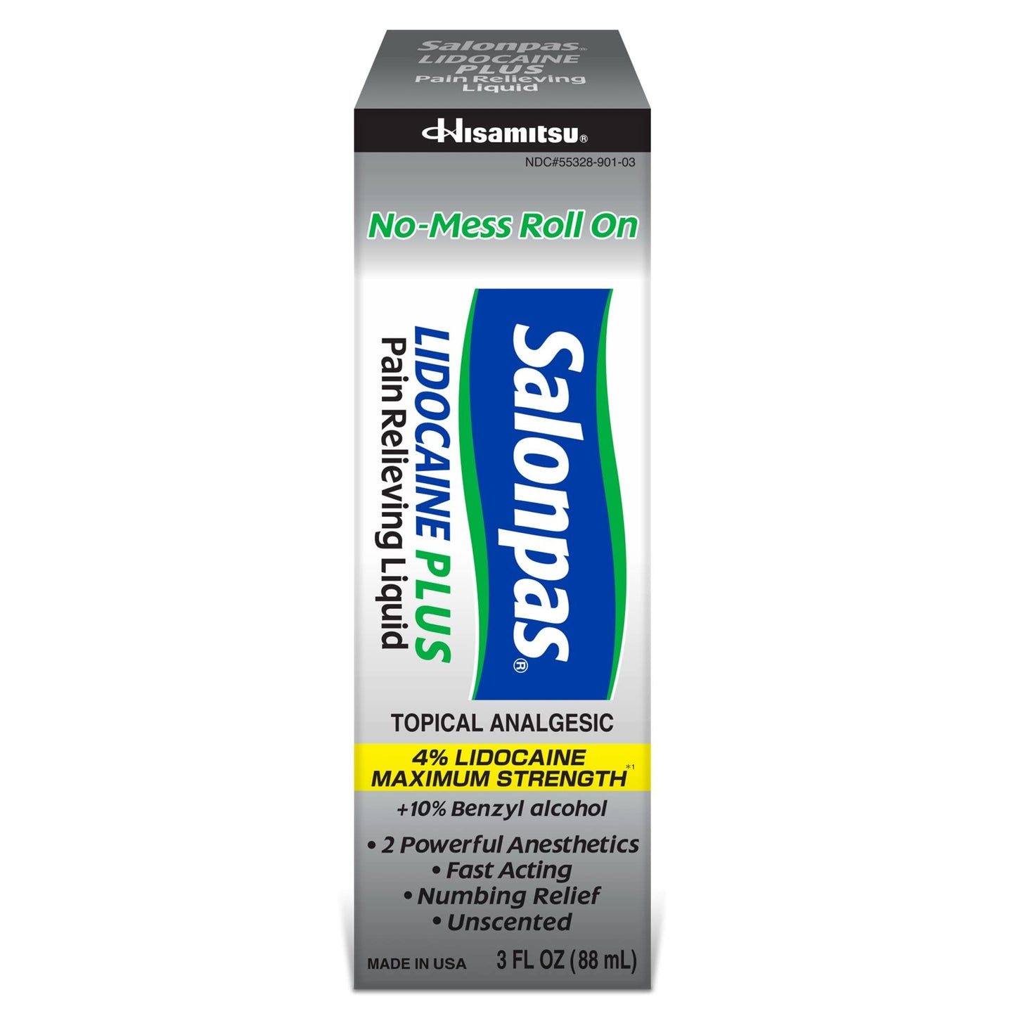 Salonpas LIDOCAINE Plus 3 oz ROLL ON Pain Relieving Liquid! Maximum Strength 4% Lidocaine for Numbing Pain Relief! Mess Free Application! (3 Pack) - Maple Wellness Supplements