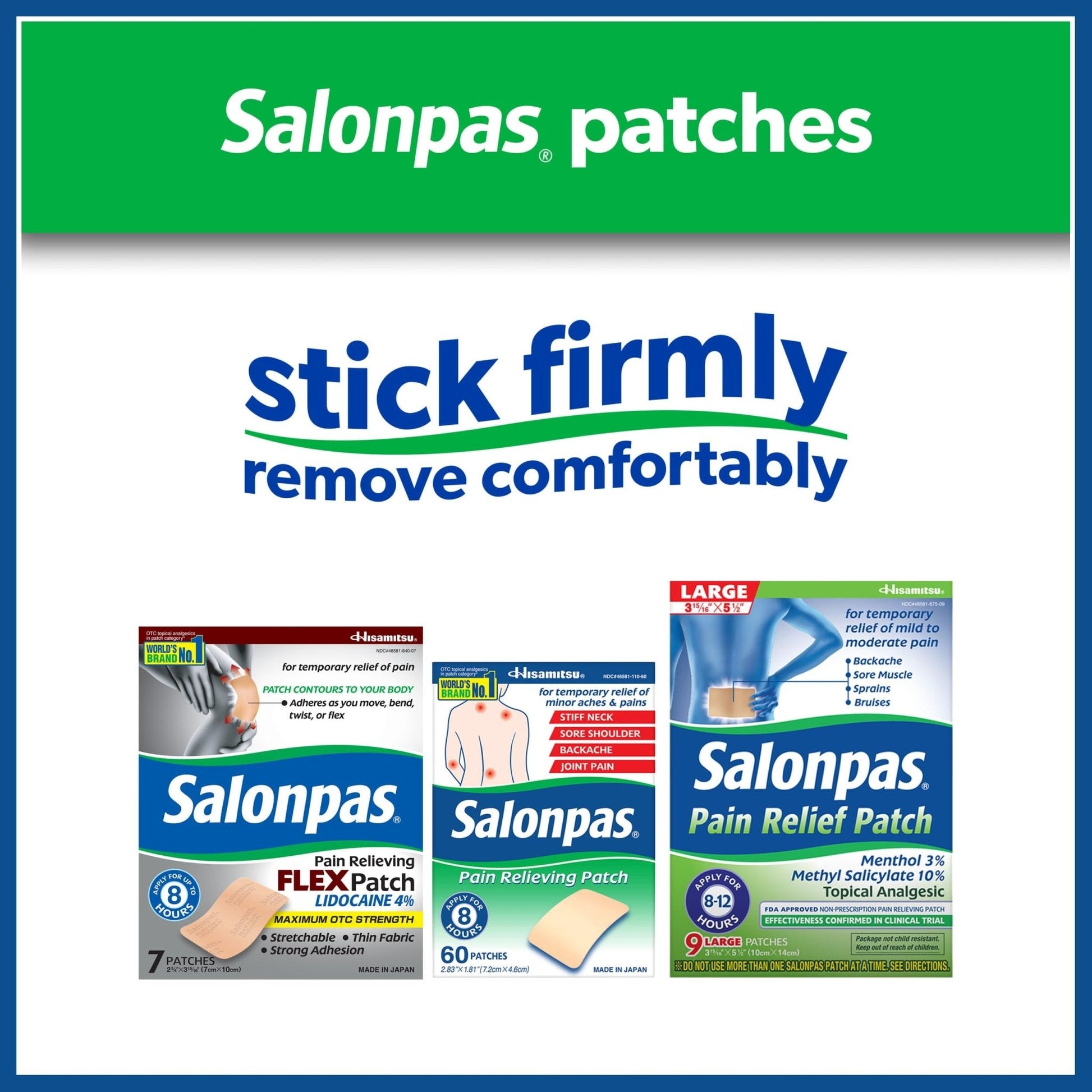 Salonpas Pain Relieving Patch, Large, 6 Count, for Back, Neck, Shoulder, Knee Pain and Muscle Soreness, 8 Hour Pain Relief - Maple Wellness Supplements