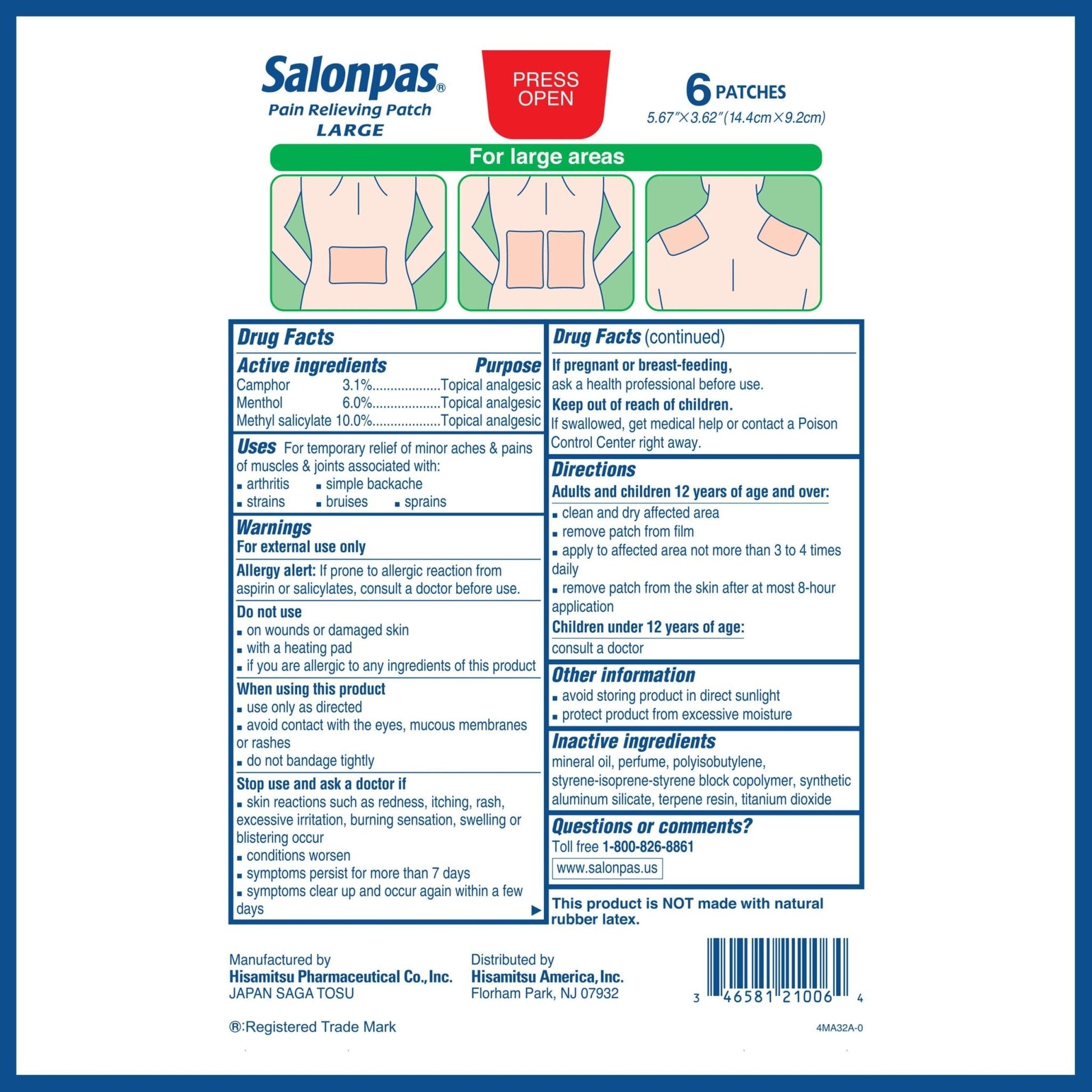 Salonpas Pain Relieving Patch, Large, 6 Count, for Back, Neck, Shoulder, Knee Pain and Muscle Soreness, 8 Hour Pain Relief - Maple Wellness Supplements