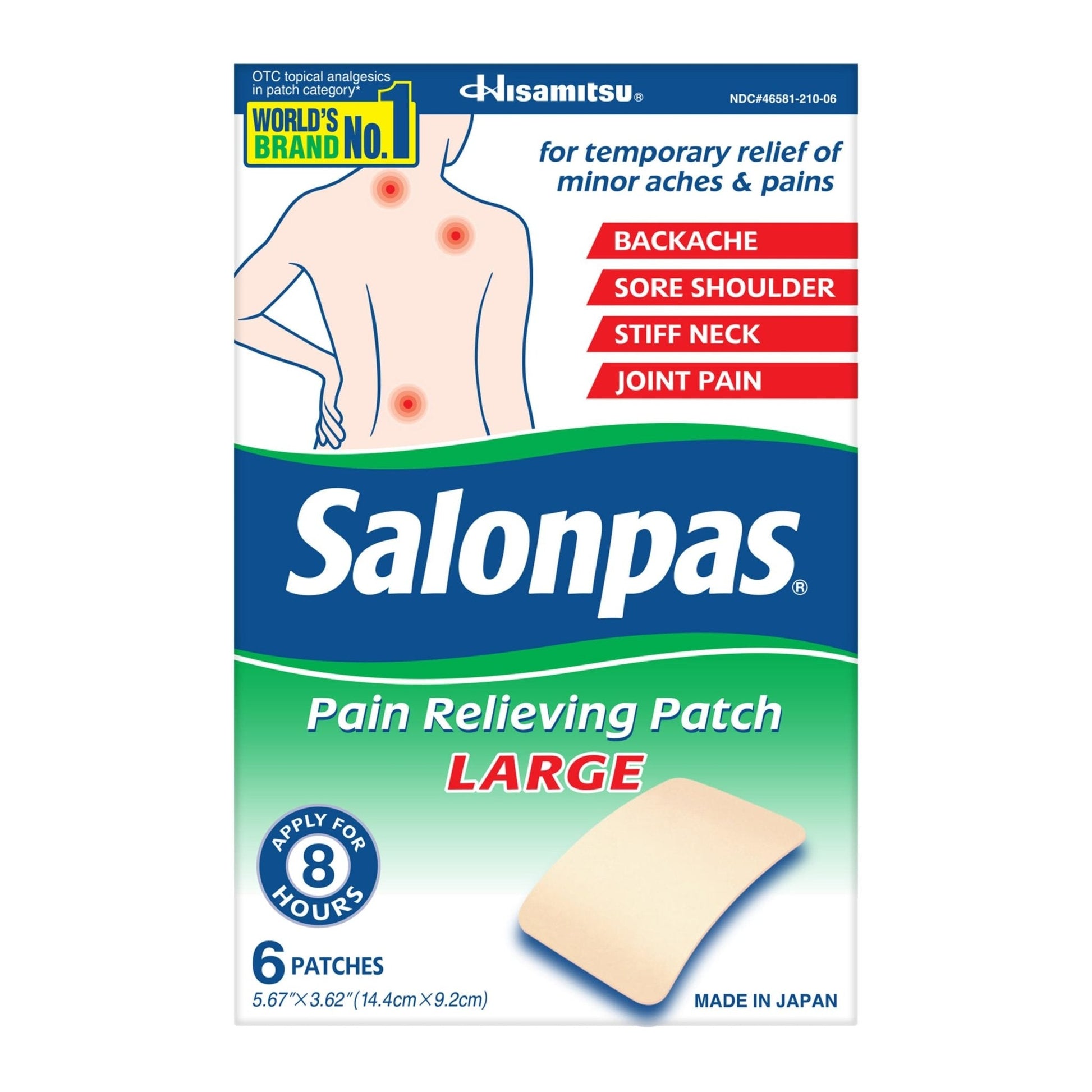 Salonpas Pain Relieving Patch, Large, 6 Count, for Back, Neck, Shoulder, Knee Pain and Muscle Soreness, 8 Hour Pain Relief - Maple Wellness Supplements
