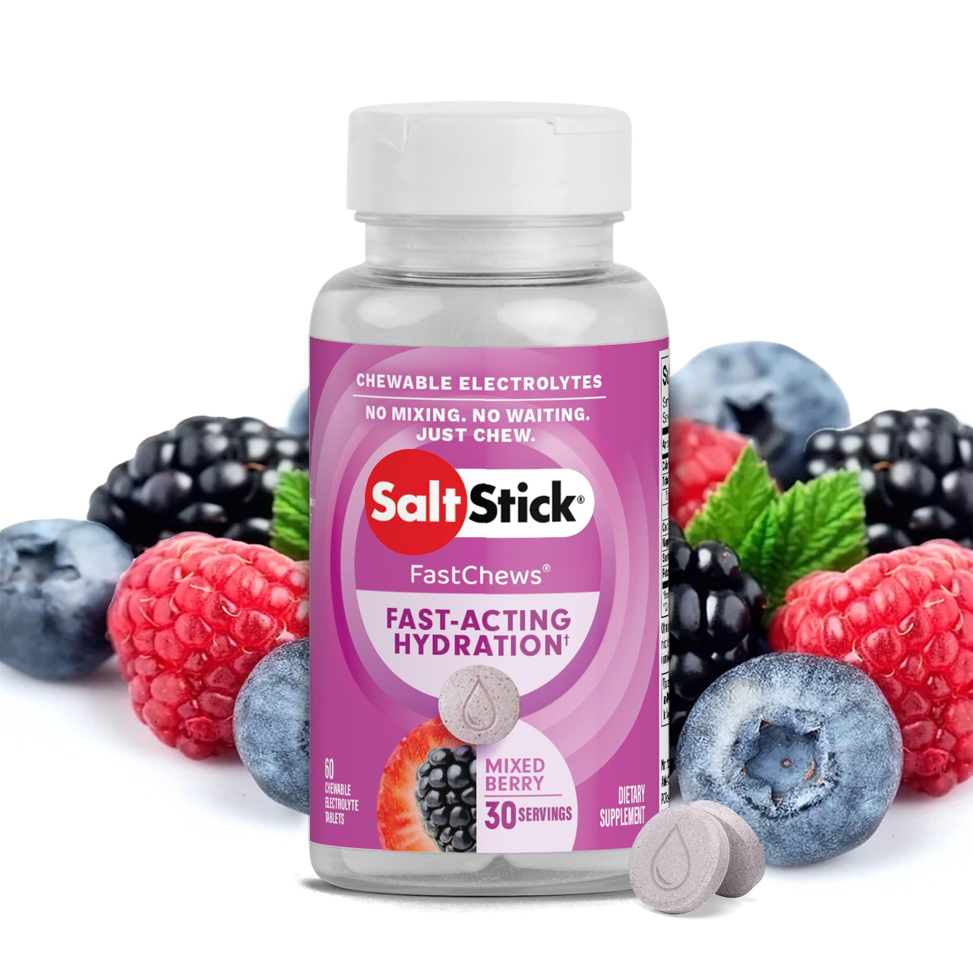 SaltStick Electrolyte FastChews - 60 Mixed Berry Chewable Tablets - Salt Tablets for Running and Hydration, Electrolyte Chews - 60 Count Bottle - Maple Wellness Supplements
