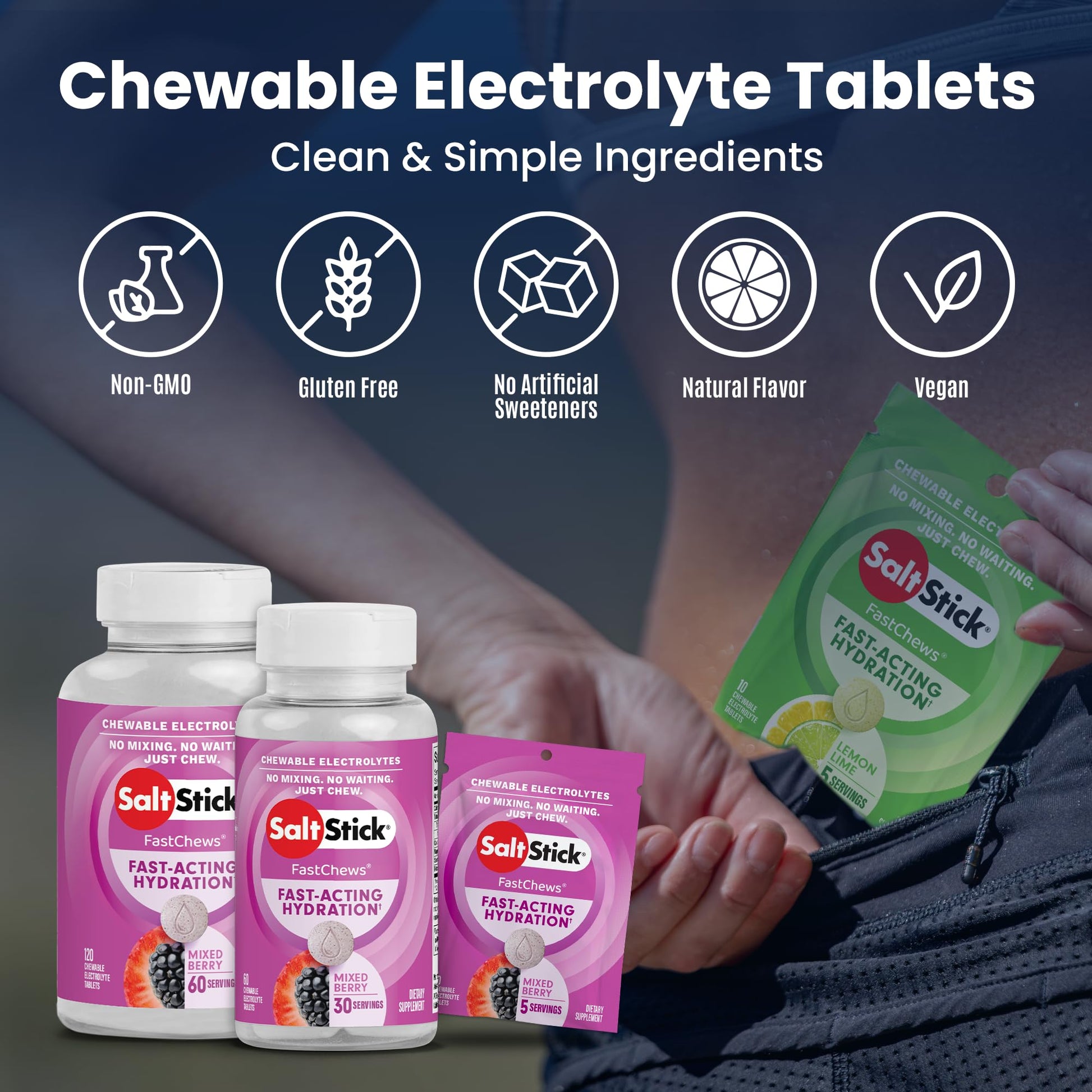 SaltStick Electrolyte FastChews - 60 Mixed Berry Chewable Tablets - Salt Tablets for Running and Hydration, Electrolyte Chews - 60 Count Bottle - Maple Wellness Supplements