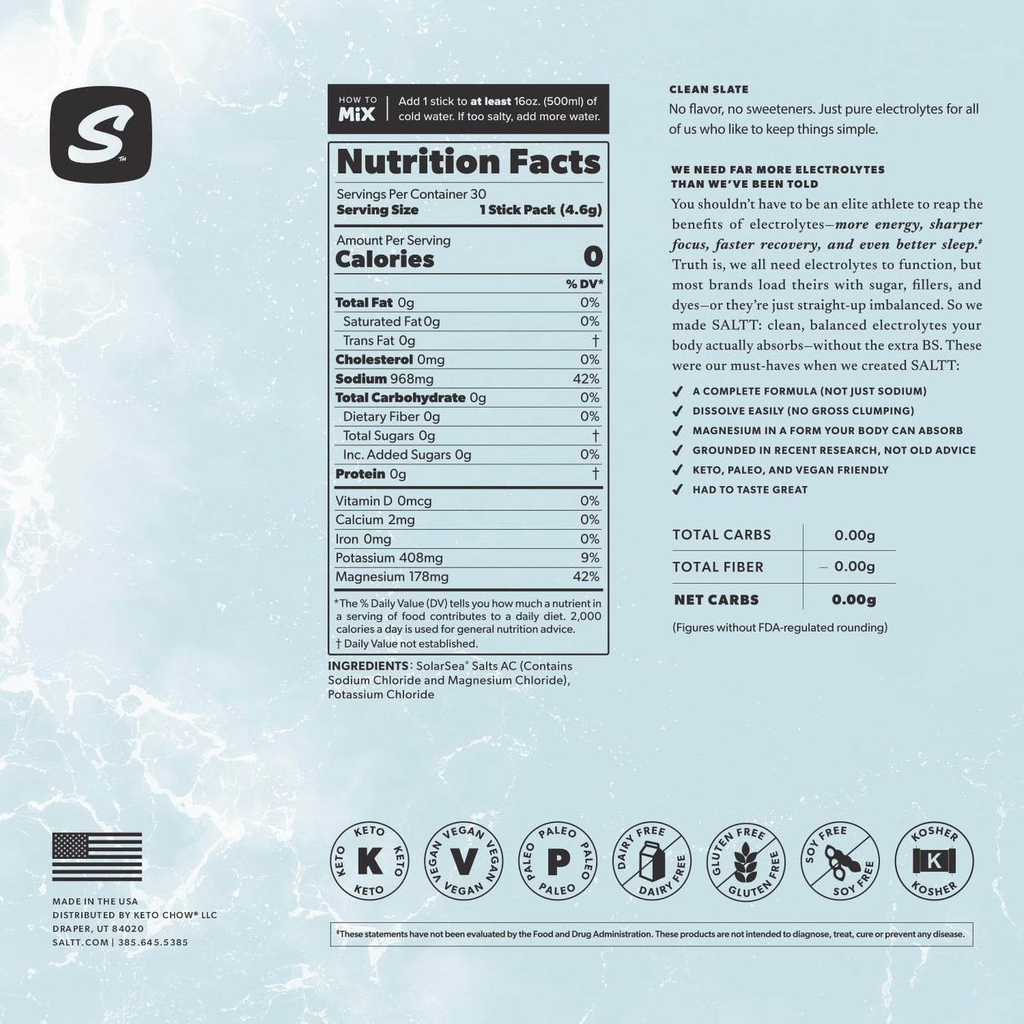 SALTT Electrolytes Powder Unflavored Drink Mix - Clean Slate - 30 Hydration Packets - Magnesium, Potassium, Sodium, Trace Minerals - Zero Sugar - Maple Wellness Supplements