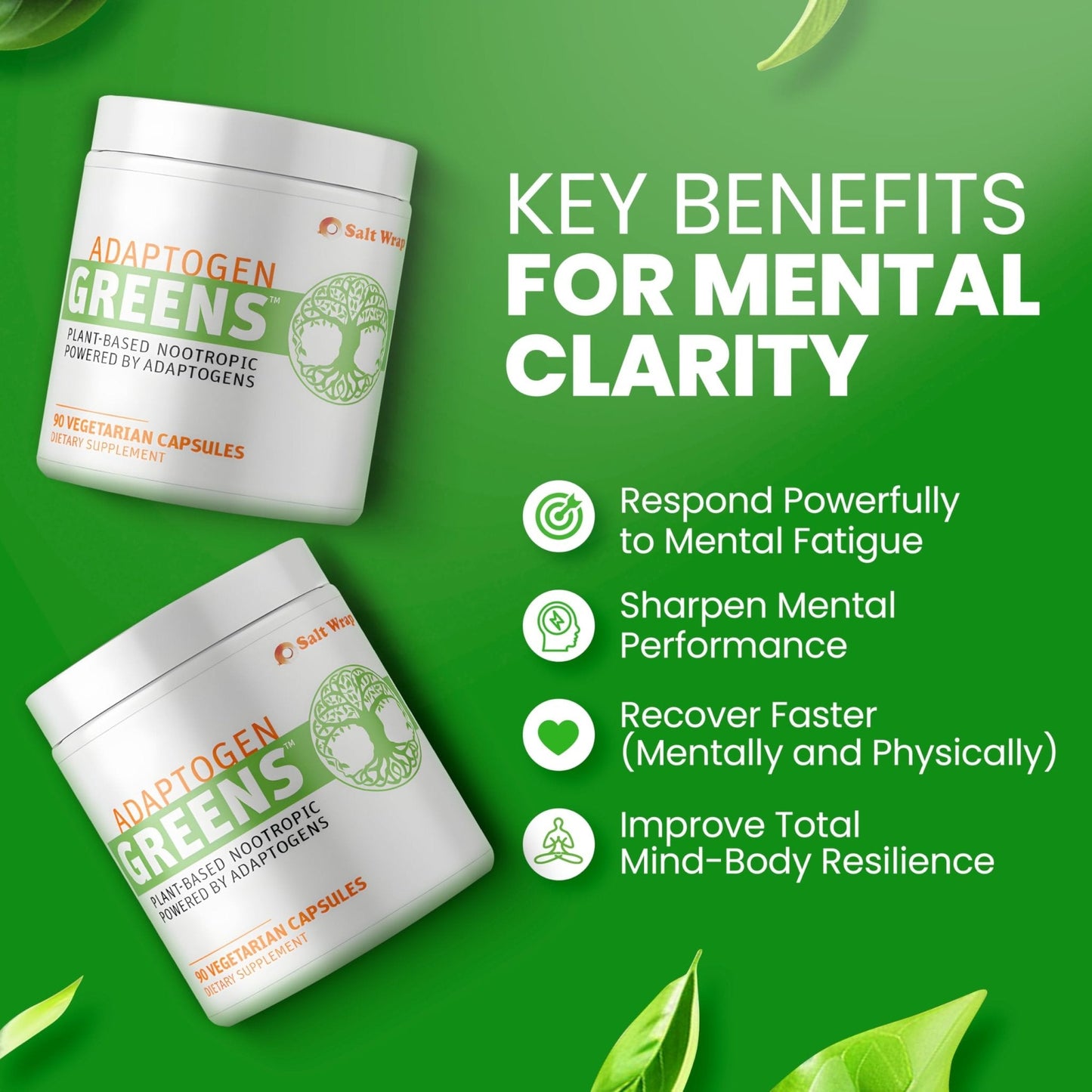 SaltWrap Adaptogen Greens - Mind-Body Resilience Formula - Caffeine-Free Nootropic for Stress, Focus, and Cognitive Performance - 90 Capsules - Maple Wellness Supplements