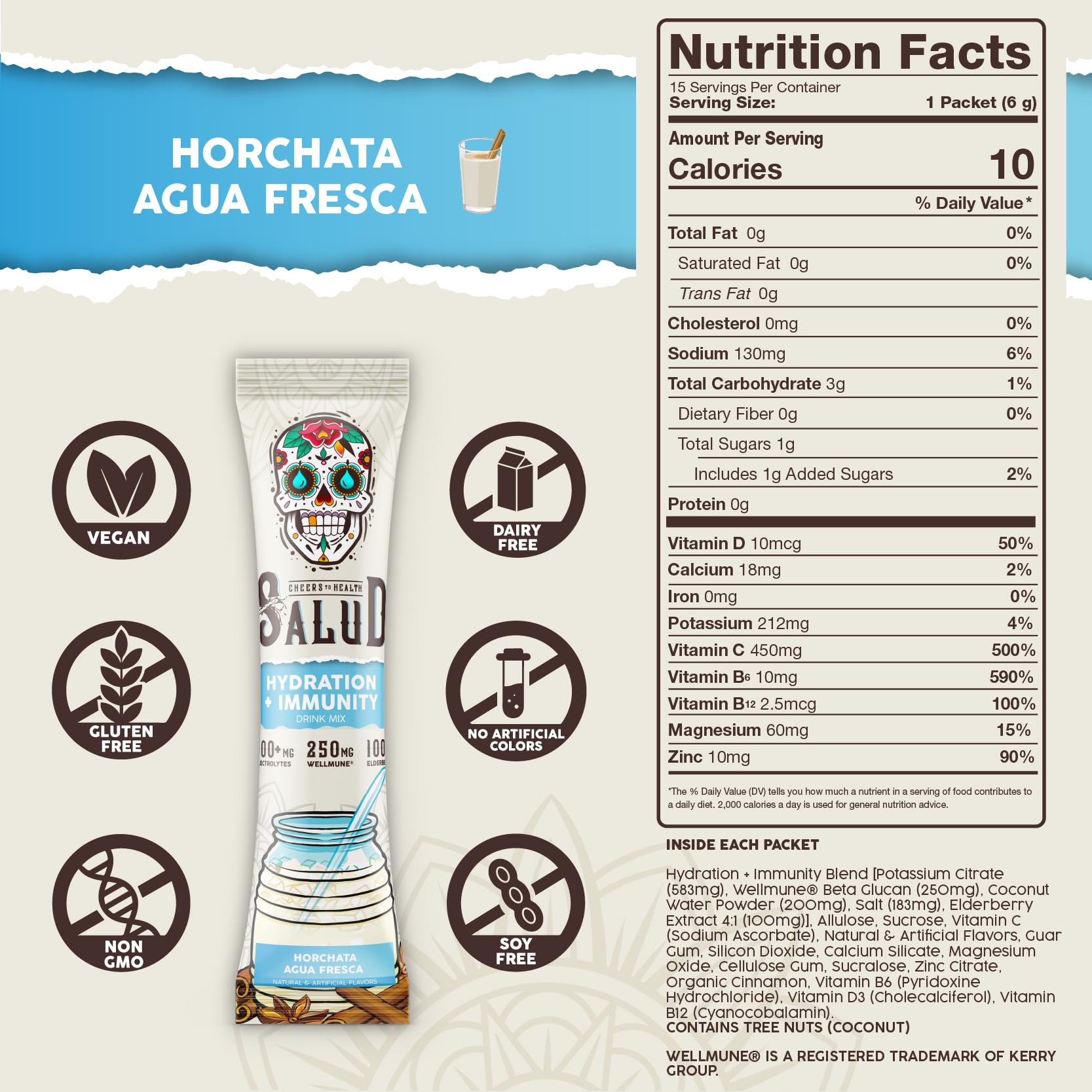 Salud 2-in-1 Hydration Packets + Immunity Electrolytes Powder, Horchata - Agua Fresca Drink Mix, Elderberry, Dairy & Soy Free, Non-GMO, Gluten Free, Vegan - Maple Wellness Supplements
