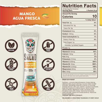 Salud 2-in-1 Hydration Packets + Immunity Electrolytes Powder, Mango - Agua Fresca Drink Mix, Elderberry, Dairy & Soy Free, Non-GMO, Gluten Free, - Maple Wellness Supplements