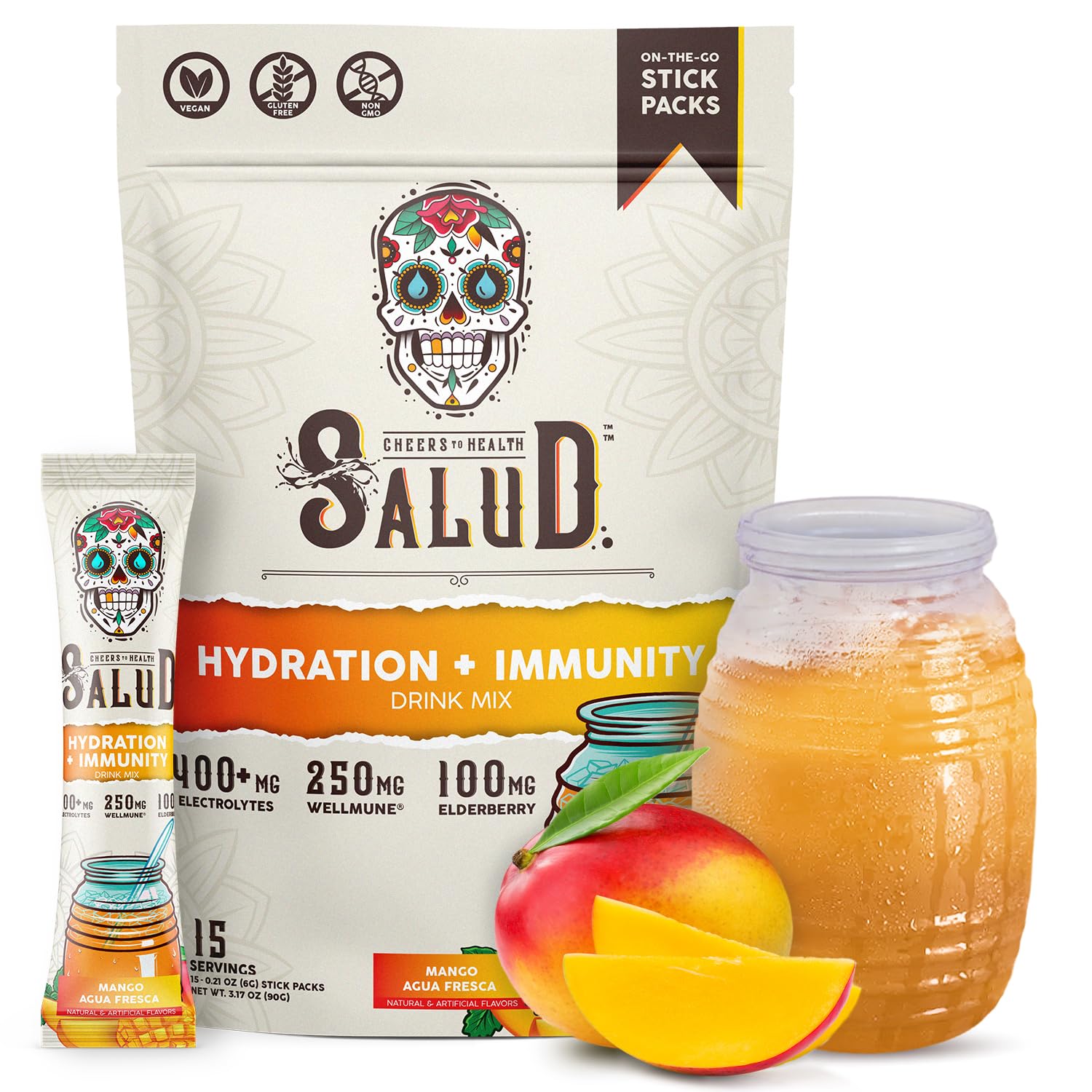 Salud 2-in-1 Hydration Packets + Immunity Electrolytes Powder, Mango - Agua Fresca Drink Mix, Elderberry, Dairy & Soy Free, Non-GMO, Gluten Free, - Maple Wellness Supplements